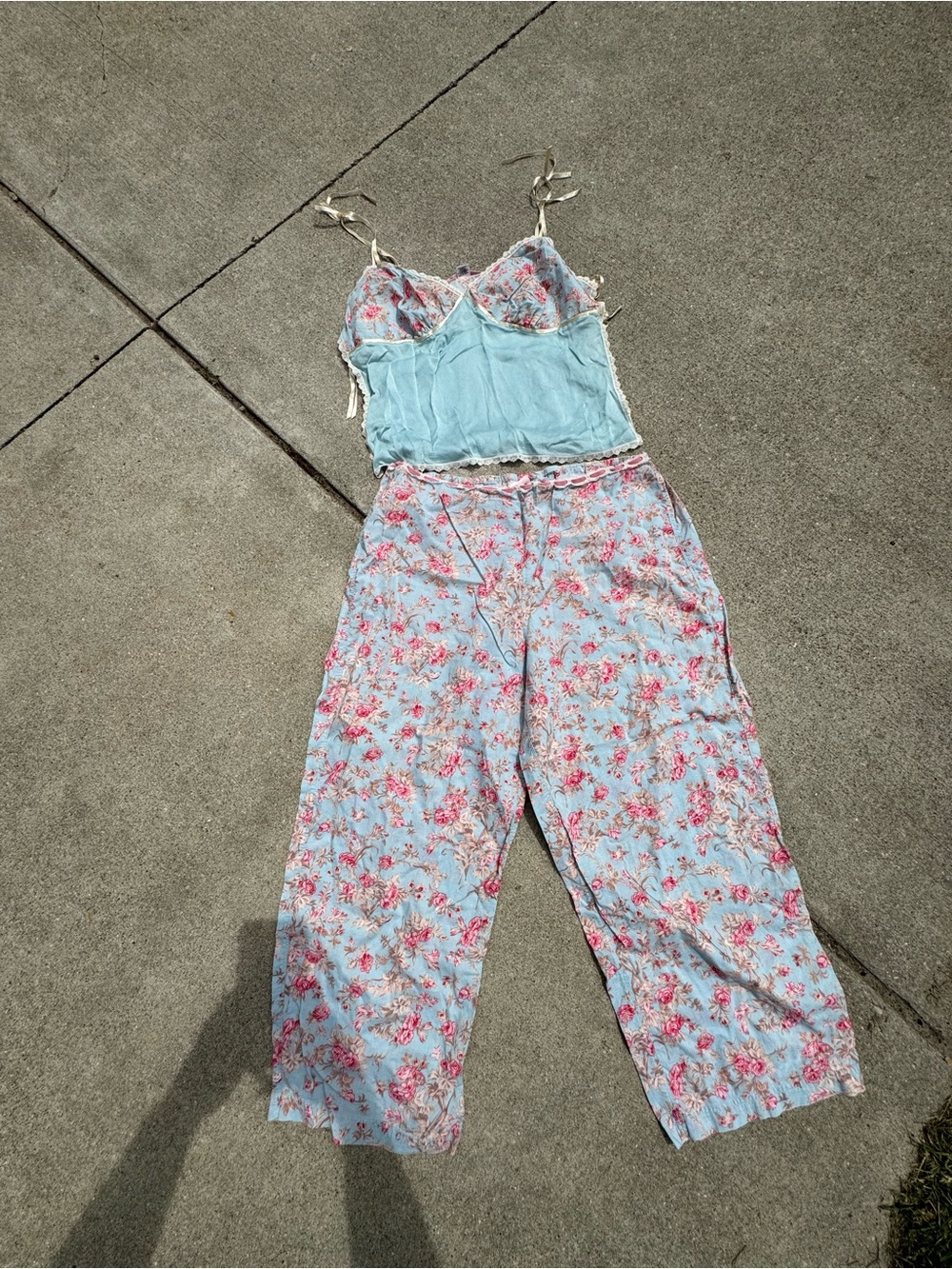 2003 Victoria's Secret Light Blue Floral Tie-Strap two piece PJ set